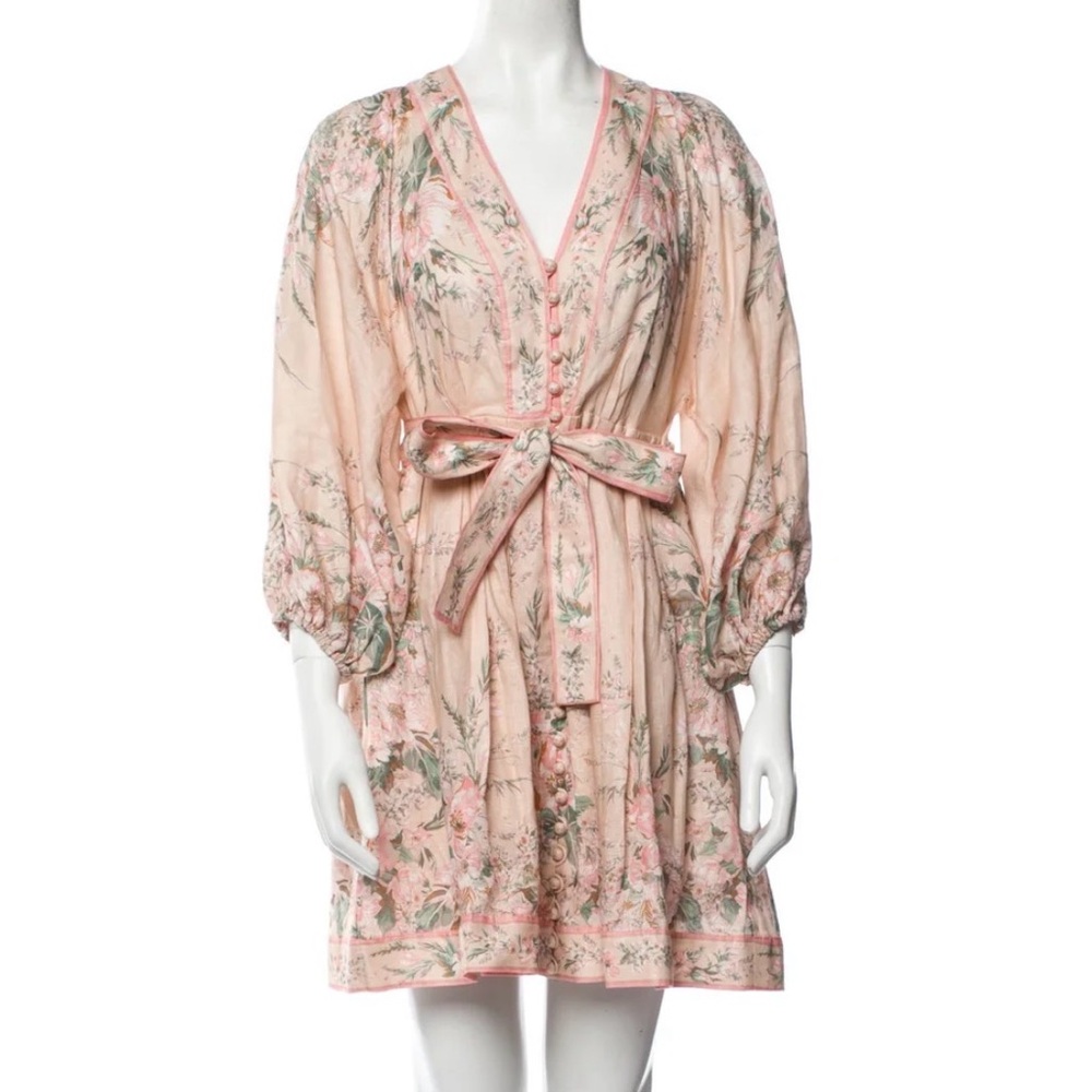 Zimmermann Pink Floral Silk Belted Mini Dress